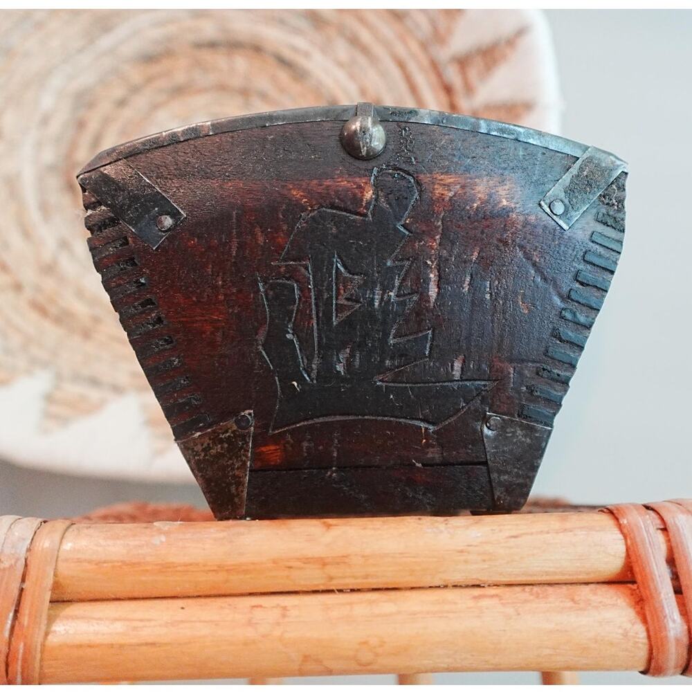 Antique Chinese Wooden Rice Bucket or Rustic Primitive Basket Planter
